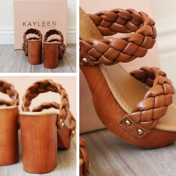NEW Camel Braided Double Strap Platform Comfy Block Heel Slide On Sandals Shoes - Picture 4 of 10